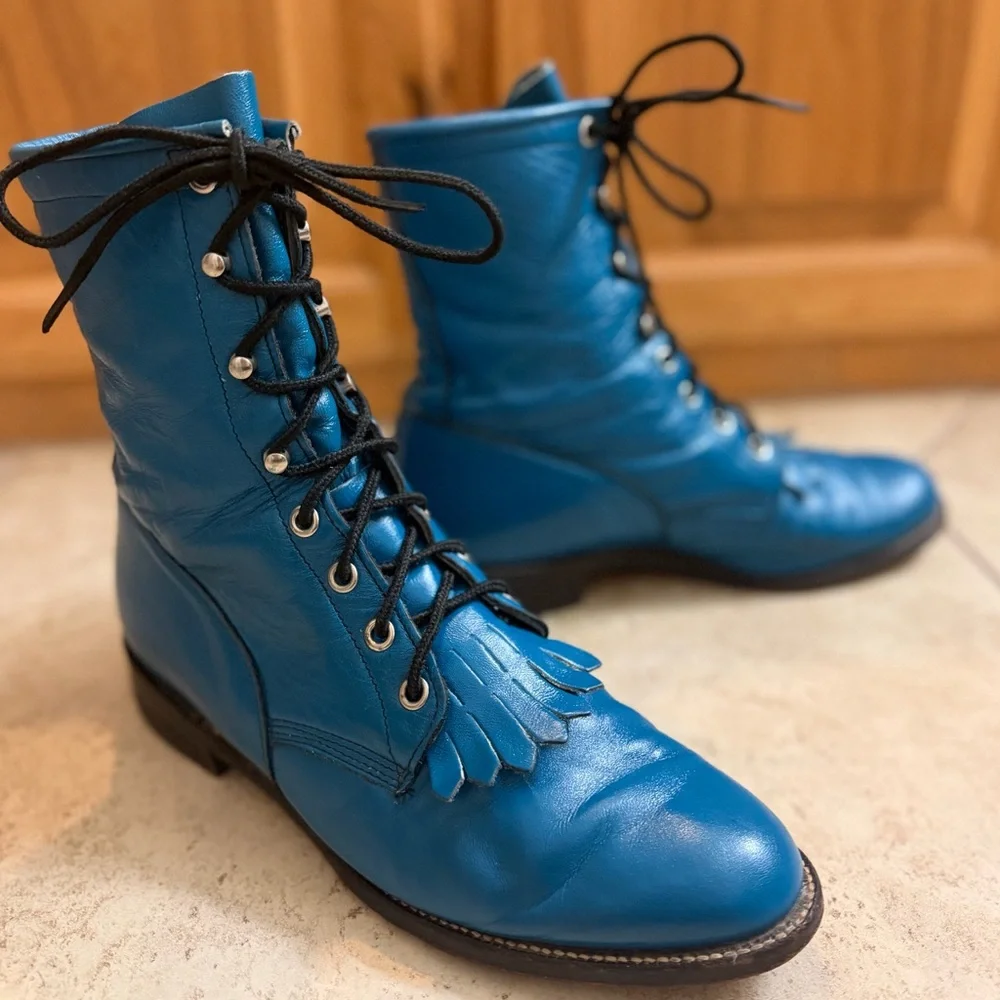 VTG Justin 80s 90s Teal Turquoise Blue Lace-Up Kiltie Roper Granny Boots 7.5-8 - Picture 1 of 11